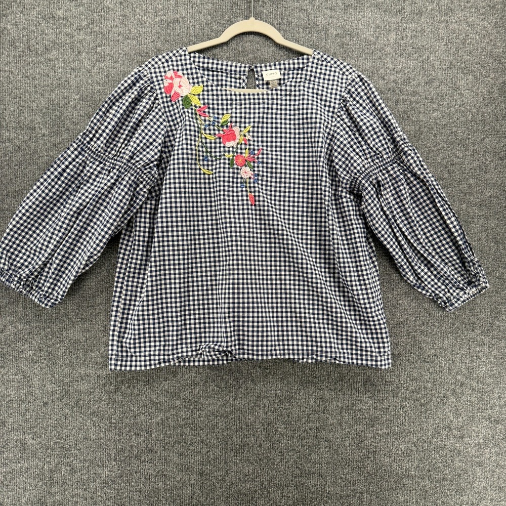 Cupio‎ Top Womens L Blue Check Embroidered Boxy Boho Cottagecore Western Casual